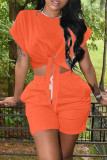 Orange Fashion Casual Solid Bandage O Neck Short Sleeve Two Pieces