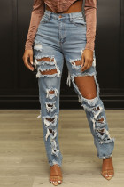 Blue Gray Street Solid Hollowed Out Make Old Split Joint High Waist Denim Jeans