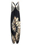 Black Casual Street Print Tie Dye Patchwork V Neck Loose Jumpsuits