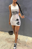 White Sexy Print Patchwork O Neck Pencil Skirt Dresses