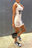 White Sexy Print Patchwork O Neck Pencil Skirt Dresses