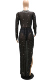 Black Sexy Solid Patchwork See-through Slit Hot Drill V Neck Straight Dresses
