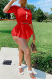 Red Sexy Print Flounce Off the Shoulder Half Sleeve Two Pieces