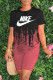 Burgundy Fashion Street Tie Dye Letter O Neck Short Sleeve Two Pieces
