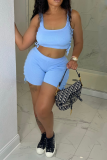 Baby Blue Fashion Solid Hollowed Out Square Collar Sleeveless Two Pieces