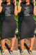 Black Fashion Casual Print Letter O Neck One Step Skirt Dresses