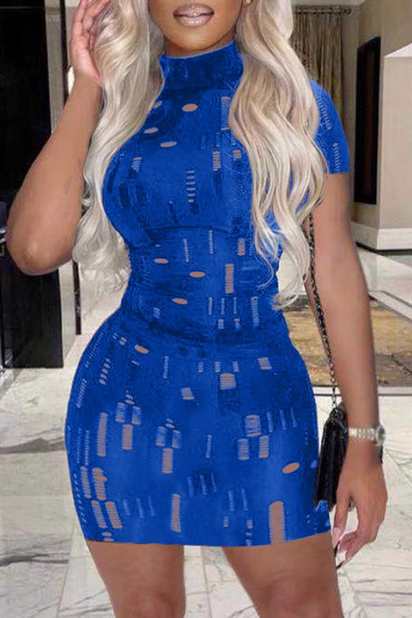 Blue Sexy Solid Hollowed Out Half A Turtleneck Pencil Skirt Dresses