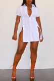 White Sexy Solid Slit Turndown Collar Shirt Dress Dresses