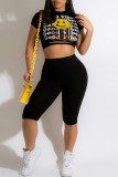 Black Sexy Print Hollowed Out Patchwork O Neck Short Sleeve Two Pieces