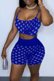 Blue Sexy Solid Hollowed Out Spaghetti Strap Sleeveless Two Pieces
