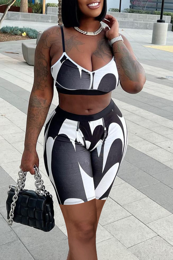 Black And White Sexy Print Patchwork Spaghetti Strap Sleeveless Two Pieces