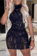 Black Sexy Solid Hollowed Out Half A Turtleneck Pencil Skirt Dresses