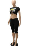 Black Sexy Print Hollowed Out Patchwork O Neck Short Sleeve Two Pieces