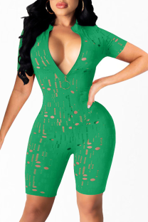 Green Sexy Solid Hollowed Out Zipper Collar Skinny Rompers