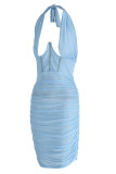 Light Blue Sexy Solid Patchwork Backless Halter Pencil Skirt Dresses