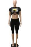 Black Sexy Print Hollowed Out Patchwork O Neck Short Sleeve Two Pieces
