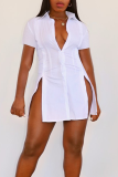 White Sexy Solid Slit Turndown Collar Shirt Dress Dresses