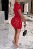Red Sexy Solid Hollowed Out Half A Turtleneck Pencil Skirt Dresses