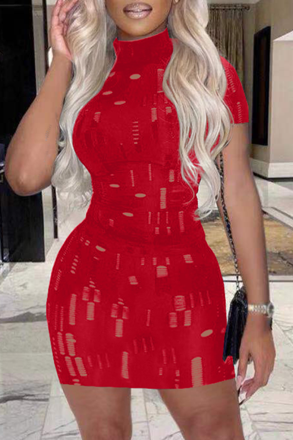Red Sexy Solid Hollowed Out Half A Turtleneck Pencil Skirt Dresses