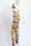 Grey Sexy Print Bandage Patchwork Backless Halter Regular Jumpsuits