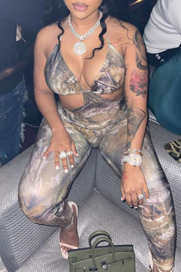 Grey Sexy Print Bandage Patchwork Backless Halter Regular Jumpsuits