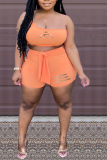 Orange Sexy Solid Hollowed Out One Shoulder Sleeveless Two Pieces