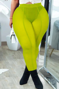 Fluorescent Green Fashion Casual Solid Split Joint See-through Plus Size Trousers