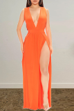 Tangerine Red Sexy Solid High Opening V Neck Irregular Dress Dresses
