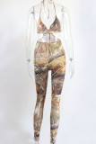Grey Sexy Print Bandage Patchwork Backless Halter Regular Jumpsuits