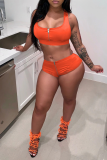 Tangerine Red Sexy Solid Patchwork Zipper Collar Sleeveless Two Pieces