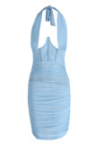 Light Blue Sexy Solid Patchwork Backless Halter Pencil Skirt Dresses