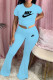 Baby Blue Fashion Casual Print Letter O Neck Short Sleeve Two Pieces