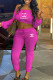 Rose Red Fashion Sportswear Print Letter Off the Shoulder Long Sleeve Two Pieces