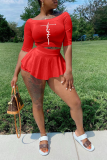 Red Sexy Print Flounce Off the Shoulder Half Sleeve Two Pieces