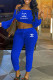 Blue Fashion Sportswear Print Letter Off the Shoulder Long Sleeve Two Pieces