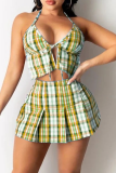 Green Street Plaid Patchwork Halter Sleeveless Two Pieces