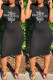 Black Fashion Casual Print Letter O Neck One Step Skirt Dresses