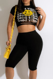 Black Sexy Print Hollowed Out Patchwork O Neck Short Sleeve Two Pieces