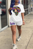 White Casual Print Patchwork O Neck Short Sleeve Two Pieces