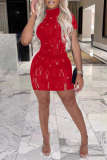 Red Sexy Solid Hollowed Out Half A Turtleneck Pencil Skirt Dresses