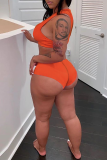 Tangerine Red Sexy Solid Patchwork Zipper Collar Sleeveless Two Pieces
