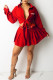 Red Fashion Sexy Print Patchwork Turndown Collar Long Sleeve Two Pieces