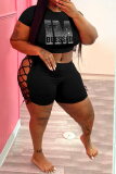Black Sexy Hot Drilling Hollowed Out O Neck Plus Size Two Pieces