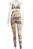Grey Sexy Print Bandage Patchwork Backless Halter Regular Jumpsuits