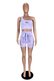 Light Purple Sexy Solid Hollowed Out One Shoulder Sleeveless Two Pieces