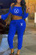 Blue Fashion Casual Print Letter Off the Shoulder Long Sleeve Two Pieces