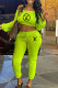 Fluorescent Green Fashion Casual Print Letter Off the Shoulder Long Sleeve Two Pieces