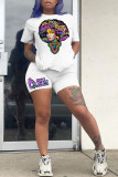White Casual Print Patchwork O Neck Short Sleeve Two Pieces