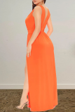Tangerine Red Sexy Solid High Opening V Neck Irregular Dress Dresses