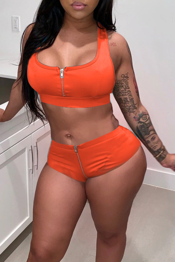 Tangerine Red Sexy Solid Patchwork Zipper Collar Sleeveless Two Pieces